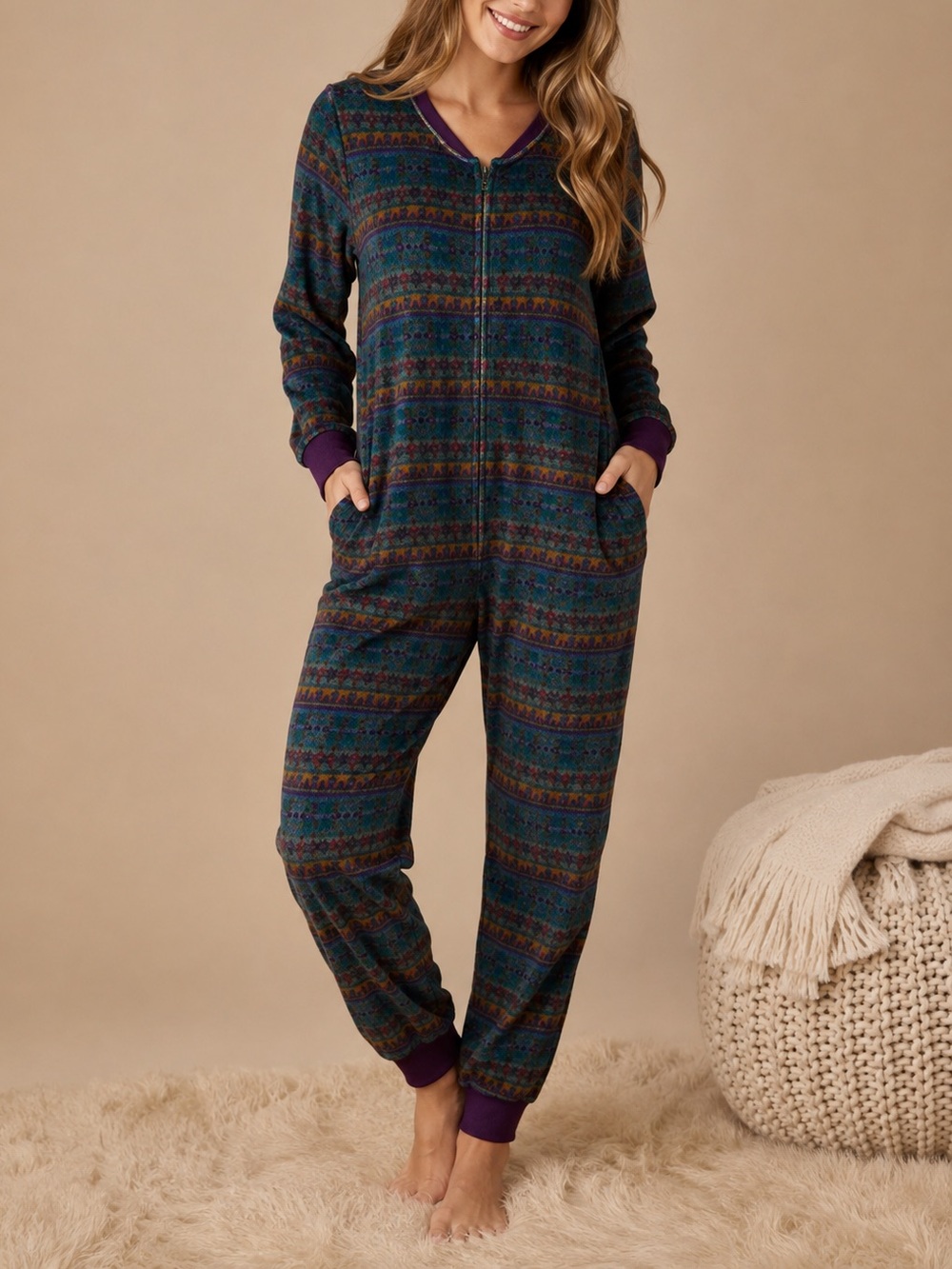 Natural Life Fair Isle Cozy Floral Women's Full Zip Lounge PJ Jumpsuit XS/S